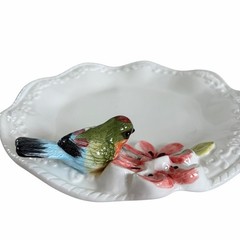 Corner Ruby Botanical Collection 3D Floral Bird Ceramic Catchall Dish 9in New