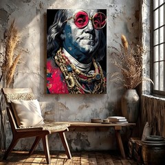 Wall Art Classic Founding Father Portrait with Pink Glasses Gold Chains Print