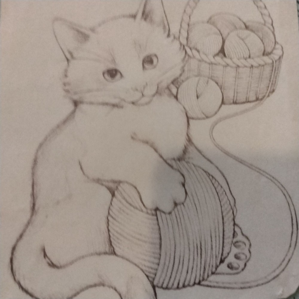 Iron On Cat Transfer 6 x 8 Inches Playful Kitten Yarn Basket Design