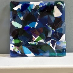 Heavy Blue Purple White Fused Art Glass Square Plate 10-1/4”