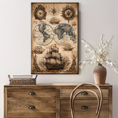Nautical Map Wall Art Sailing Vessel Poster Antique Style Print Decor Noframe