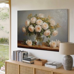 Elegant White Roses Bouquet in Glass Vase Canvas Wall Art Floral Print Decor