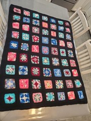Vtg Black Colorful Granny Square Afghan HandMade 70s Boho 44×56 Sofa Chair Throw