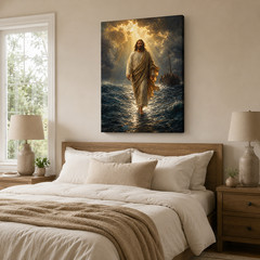 Jesus Walking on Water Canvas Wall Art Christian Religious Painting Print Framed