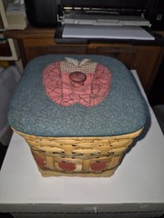 Vintage Apple Painted Design Basket With Apple Fabric Covered Lid EE