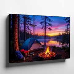 Camping scene canvas wall art with campfire lake sunset pine trees nature print