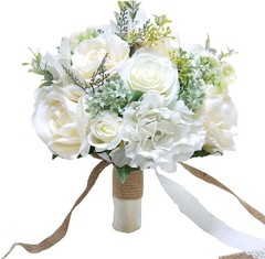9.8″ Bridal Holding Wedding Bouquet Real-Looking Mixed Flowers Ivory Greenery
