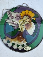 Vintage Faux Stained Glass Angel Suncatcher 8″ Round Crystalized Plastic Resin