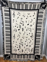 Vintage Music Theme Tapestry Throw Blanket Fringe Black White Piano Notes