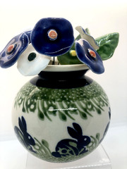 Polish Pottery Round Vase Bunny Rabbit 11 Polish Ceramic Flowers 2 Leaves