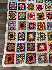VTG Handmade Granny Square Crochet Afghan Blanket Multicolor White 62×74 READ