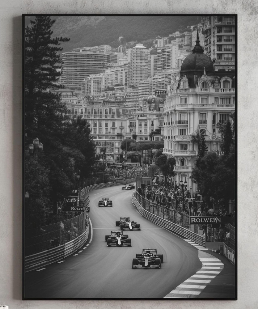 F1 Monaco Grand Prix Poster, Black and White Formula 1 Racing Wall Art Decor