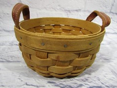 Longaberger Handmade Basket Small Round Wood Leather Handles 2003 USA Decor
