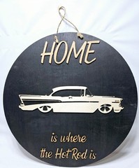 Classic Hot Rod Car Round Wooden Laser Cut Wall Door Art 18″ D