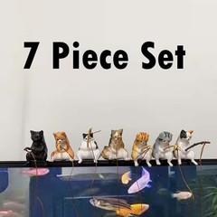 7pc Fishing Cat Figurines Miniature Garden Pond Aquarium Decor Cute Resin Set