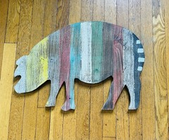 Wooden Hand Painted Striped Pig Wall Decor 23 1/2 x 15 1/2 Inches Hanging Hooks