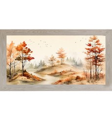 Autumn River Fall Landscape Framed Wall Art Watercolor Wide Farmhouse Scenic Art
