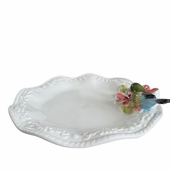 Corner Ruby Botanical Collection 3D Floral Bird Ceramic Catchall Dish 9in New