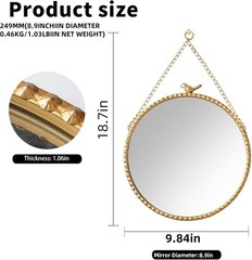 9.8 Inch Small Vintage Gold Round Wall Mirror with Sparrow Design-Iron Framed Mi