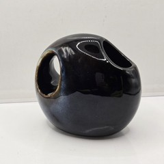 Modern Glazed Ceramic Offset Donut Hole Blues Bud Vase 6″ Asymmetrical Abstract