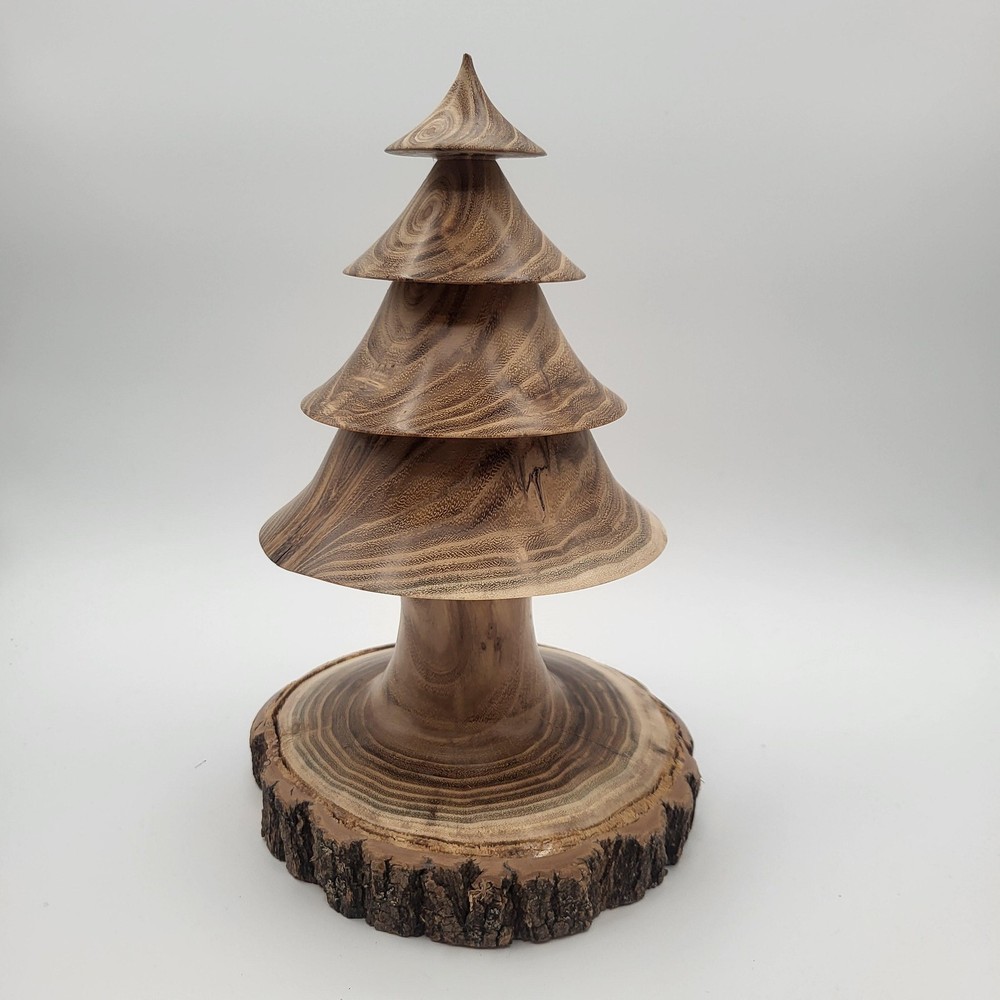 Handmade Wood Christmas Tree Medium Brown Turned Log Slice Base Tabletop Decor