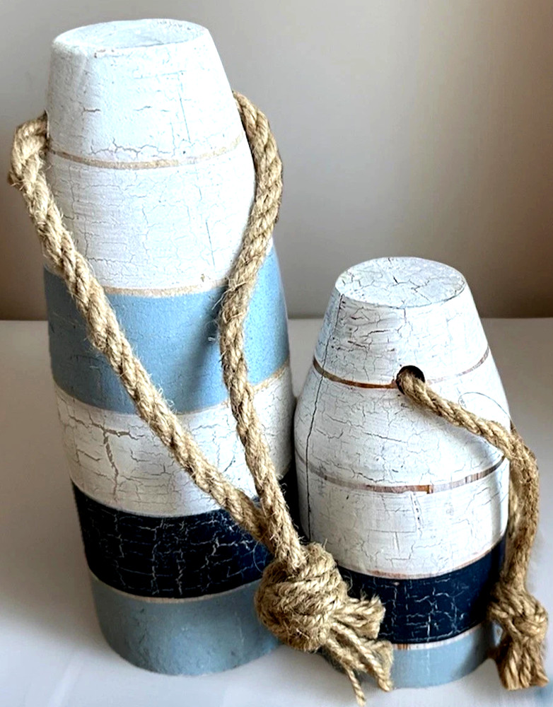 2 Vintage Ocean & Lake Blue Wooden Distressed Painted Lobster Trap Buoy Maine