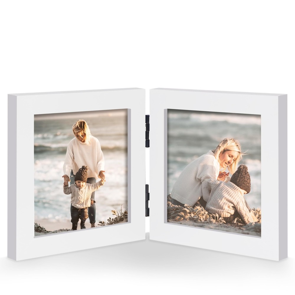 Double 4×4 Square Combo, White Wood Picture Frame, 3.5×3.5 Opening Foldable P…