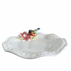 Corner Ruby Botanical Collection 3D Floral Bird Ceramic Catchall Dish 9in New