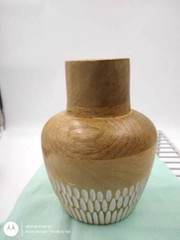 Round White Carved Wood Vase Jug Smooth Finish Rustic Boho Home Decor New 6″