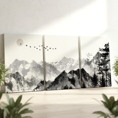 3 Pieces Monochrome Mountain Landscape Birds Sun Large Wall Art for Set Of 3