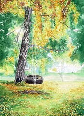 Lazy Days Tire Swing, Pat Konicki, Wall Decor Art Print Poster 14″ x 11″ 1472