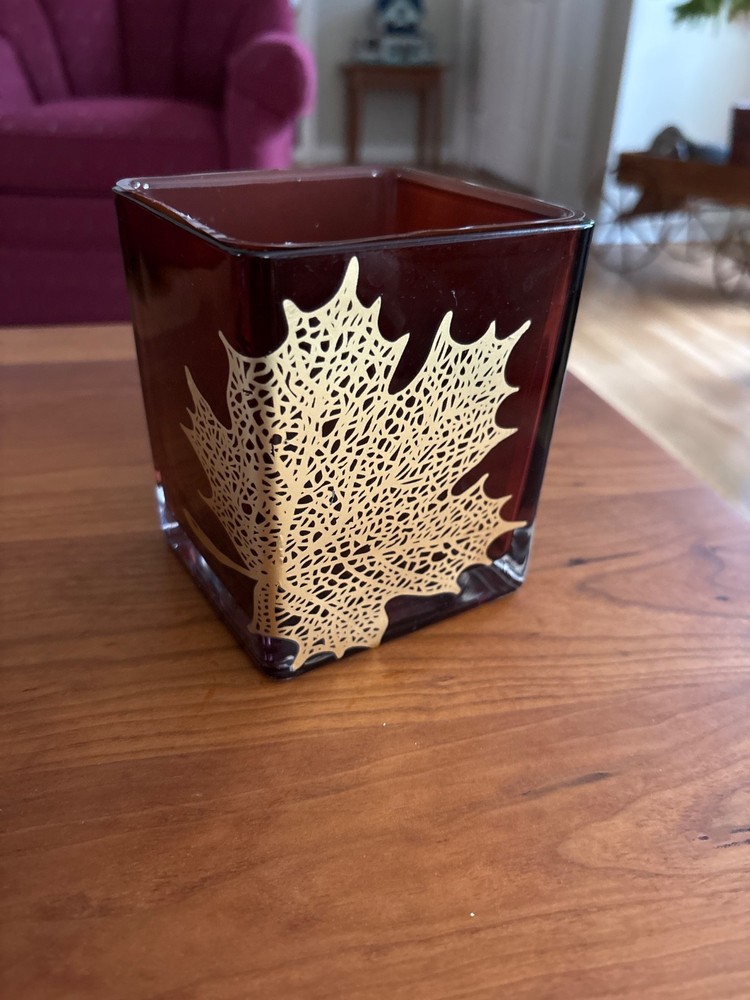 Teleflora Brown Square Glass Vase with Gold Maple Leaf Design 4.75 Inches