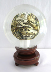 VTG Asian Chinese Calligraphy Mandarin Poem Art Glass Ball Turning Wood Stand 6″