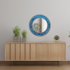 DecorShore 24″ Handmade Crackled Glass Mosaic Tile Framed Round Wall Mirror.