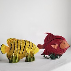 2 Metal Fish Sculptures Seagrass Base 15″ Yellow Tiger Stripe 14″ Red Angelfish