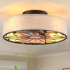 20″ Flush Mount Caged Ceiling Fan With Light,Low Profile Fabric Farmhouse Bla…