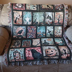 Gothic Halloween Woven Throw Blanket 37×52 Patchwork Scene Cotton Tapestry Style