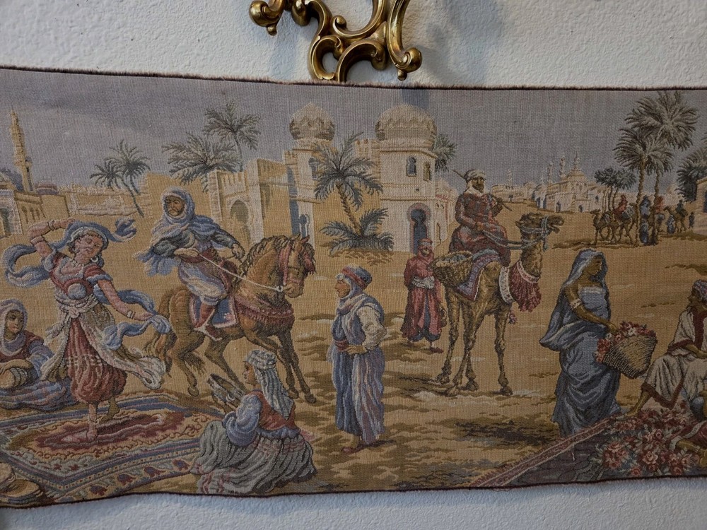 Woven Belgian Wall Tapestry Arabian Market Street Scene 57″x20″ Vintage