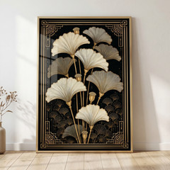 Art Deco Ginkgo Leaves Poster Vintage Gold Black Botanical Floral Wall Art Print
