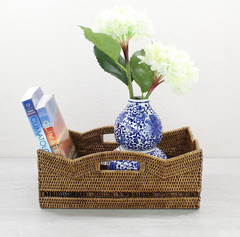 Tight Woven Scalloped Rattan Tray with Handles, Luxury Home Decor, HoneyBrown