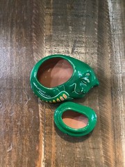 Mexican Folk Art Hand Painted green floral Glazed Ceramic Clay Cat trinket box