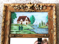 SUPERB 28″ ANTIQUE TRUMEAU MIRROR REVERSE PAINTING ORNATE ART NOUVEAU WOOD RIVER