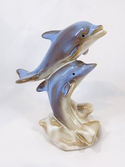 Glazed Ceramic Double Dolphins Figurine Ocean/Coastal Decor sand/cream wave base