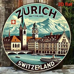 Round Metal Sign Vintage Zurich Switzerland City Scene Aluminum Sign 8 Inch