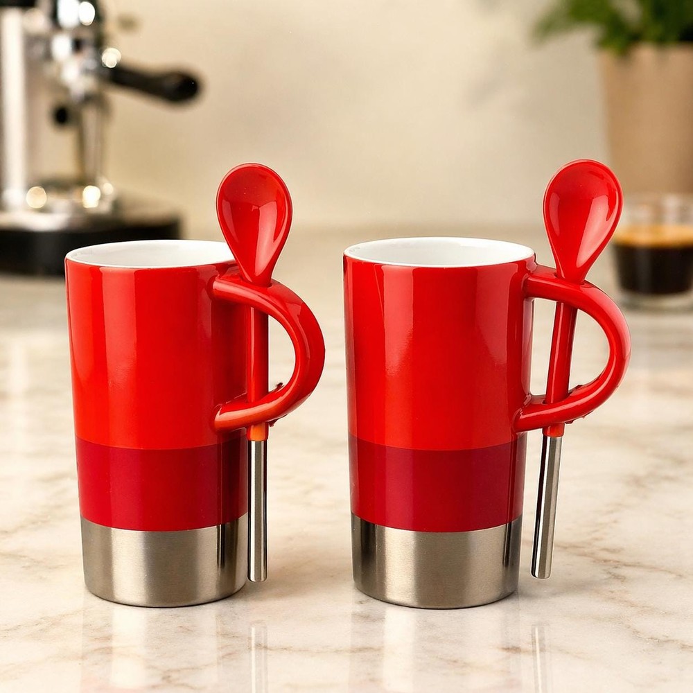 Verismo Mug Set Starbucks 2014 Red Metallic Silver Porcelain Spoon Handle