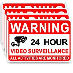 4 Pack Video Surveillance Signs, 8 x 12 Inch Aluminum 12×8 Inches, Red, White