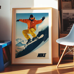 Vintage Nike Snowboarding Poster, Retro Snowboard Art Print, Cabin Decor
