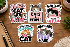 Cat Sticker 5-Pack Cute Funny Vinyl Decals Crazy Cat Lady Emotional Support Cat
