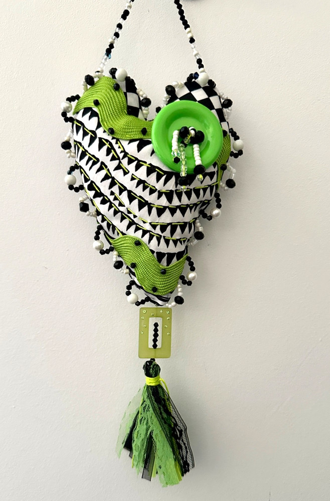 Whimsy HANGING HEART, black, white,green *HANDMADE* with rick rack, beads,tassel