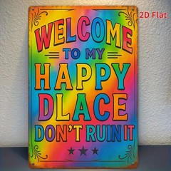 Vintage Welcome to My Happy Place Rainbow Metal Sign Decor Waterproof Bedroom